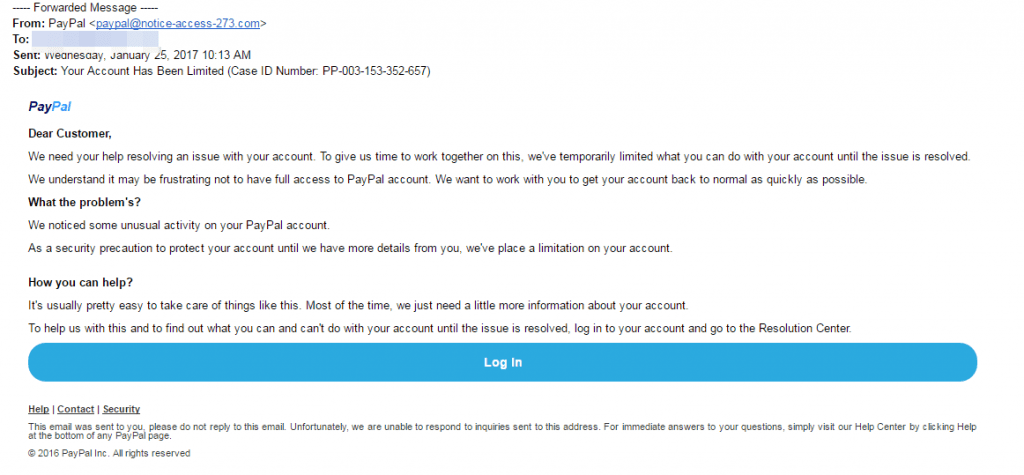Example phishing email