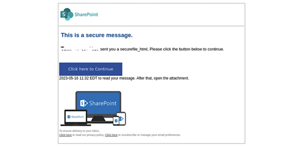 Example of a fake SharePoint message hosted on the Adobe platform sent via Microsoft 365s exchange