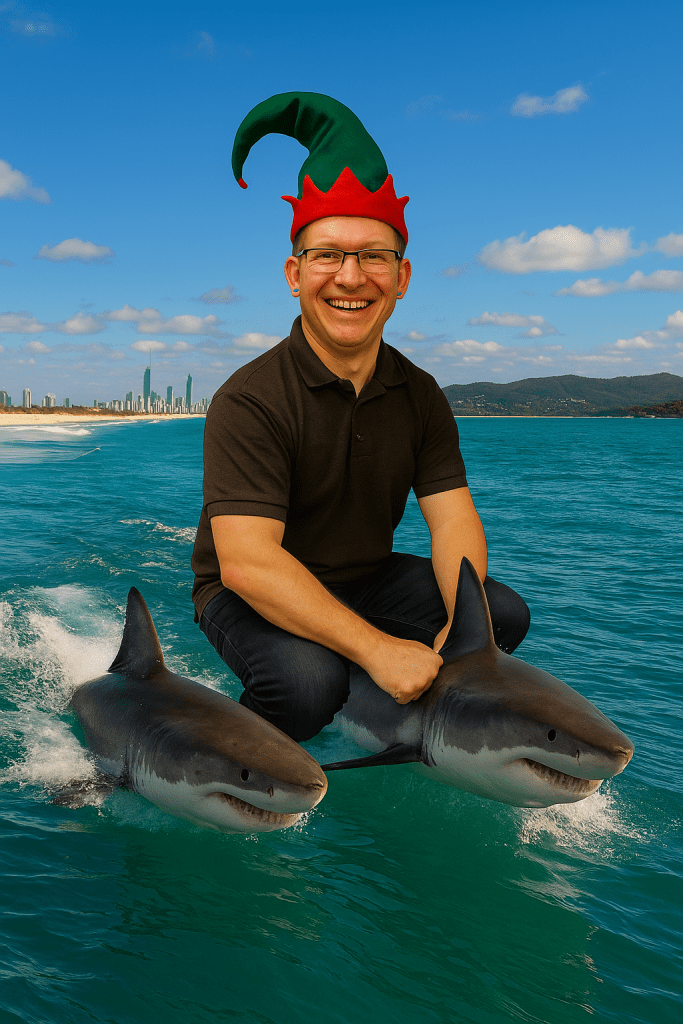 You found Russell Gower-Leech!Our Cybersecurity Manager, off the coast of Australia riding two sharks! 