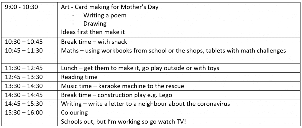 Daily school timetable for working at home